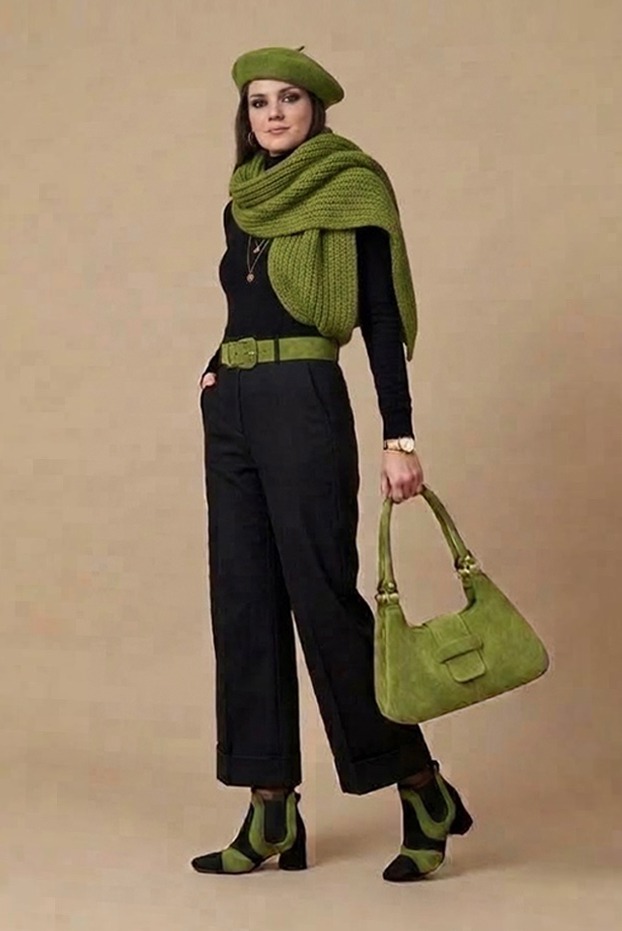 Women's pitch black and pistachio green two-tone chelsea boots with round toe and low flared heel - Top view